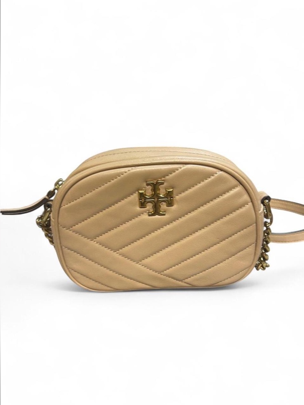 Tory Burch Beige Quilted Leather Kira Camera Crossbody with Gold Logo